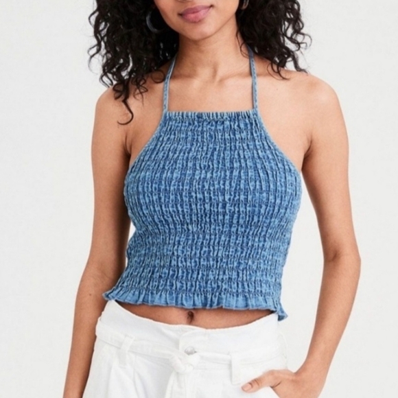 American Eagle Outfitters Tops - American Eagle Outfitters Cropped Smocked Blue Sleeveless Top, Size Medium